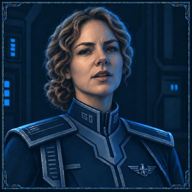 Halloway giving an order, in a blue uniform with tied-back curls.