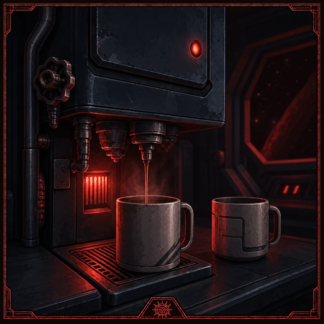 Mother's red-lit coffee machine with two waiting mugs.
