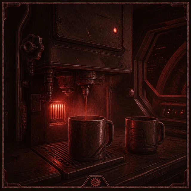 Mother's red-lit coffee machine with two waiting mugs.
