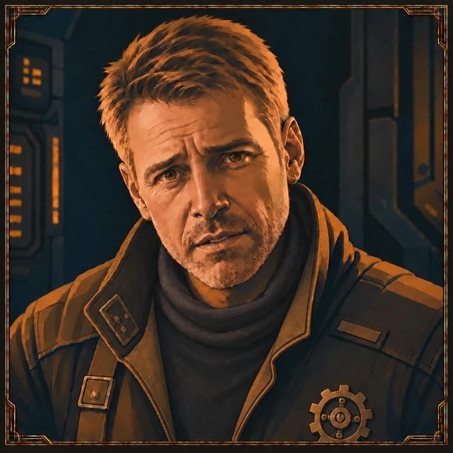 Sparky with a worried expression, wearing a scarf and an amber jacket.