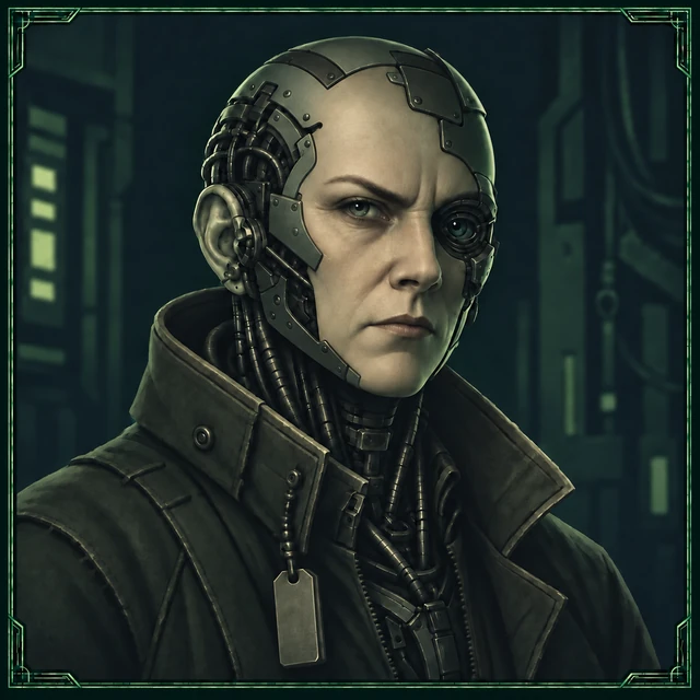 Vex with a determined expression and green-lit cybernetic implants.