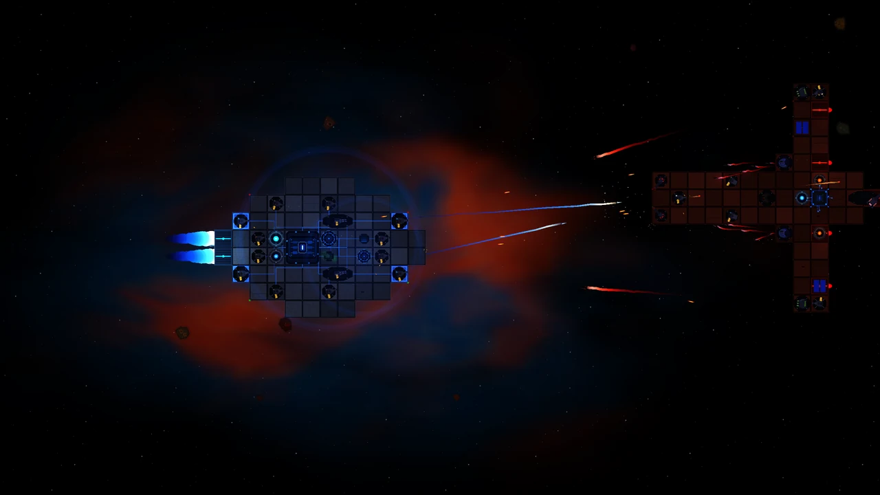 Two warships exchange fire across a red and blue nebula.