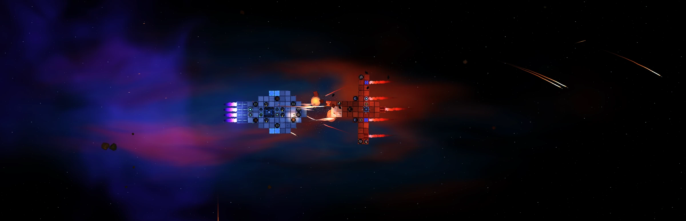 Two opposing warships trade fire across a red and blue nebula.