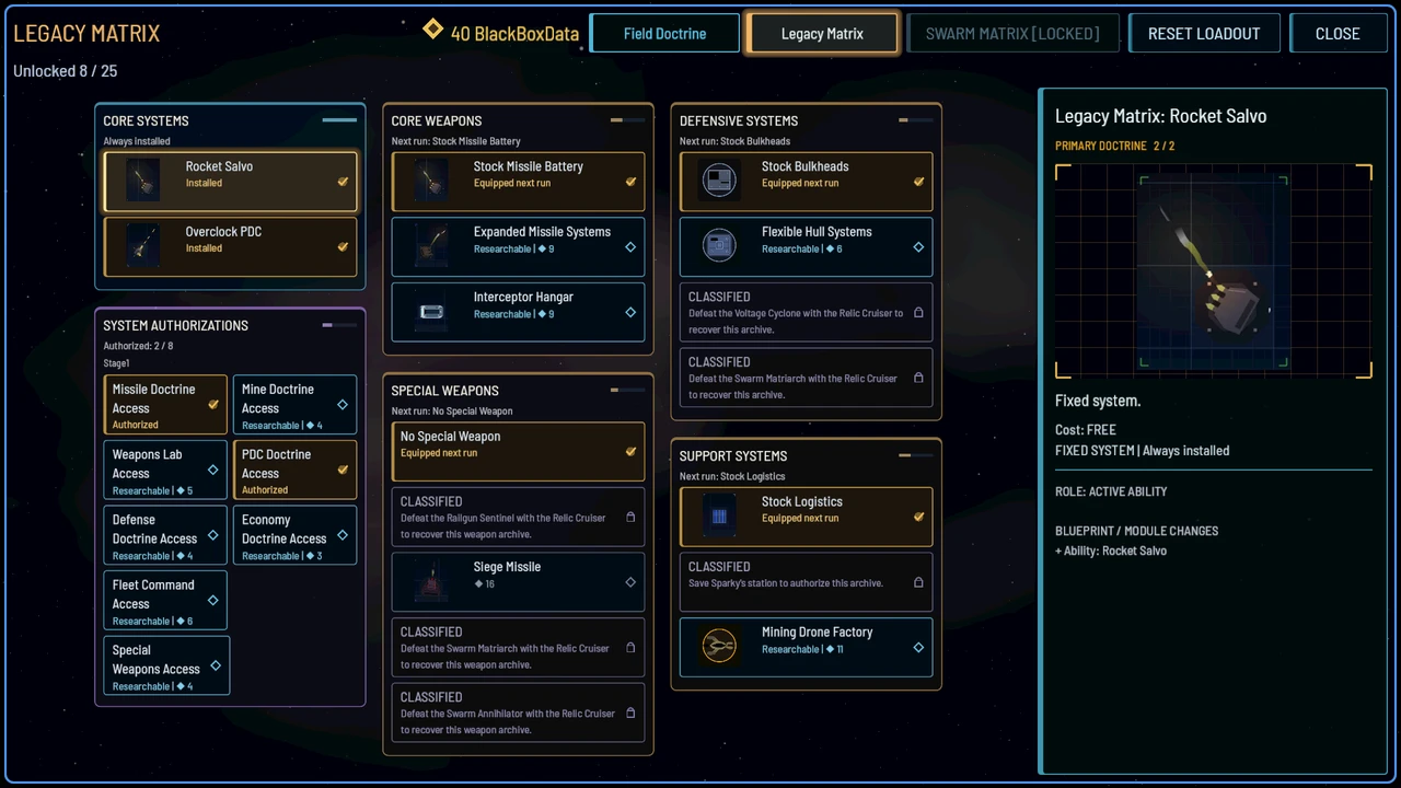 Research weapons, defensive systems and authorizations for the next run.