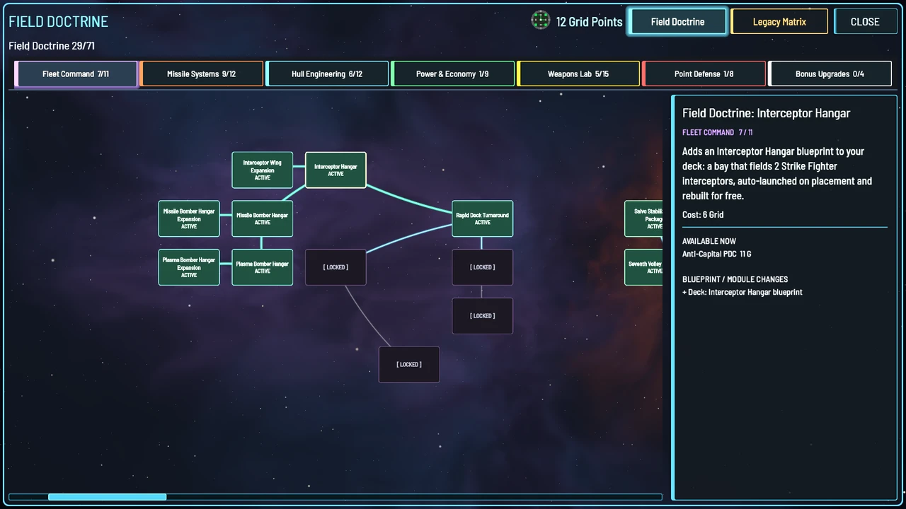 Missile Systems research with connected upgrades, active nodes and locked branches.